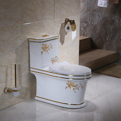 One Piece Dual Flush Toilet with Soft Close White Golden Ceramic
