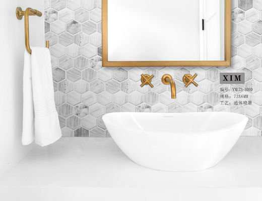 Inkjet printing SGS Hexagon Mosaic Wall Tile , 48x6mm Countertop Glass Tile Wood Marble